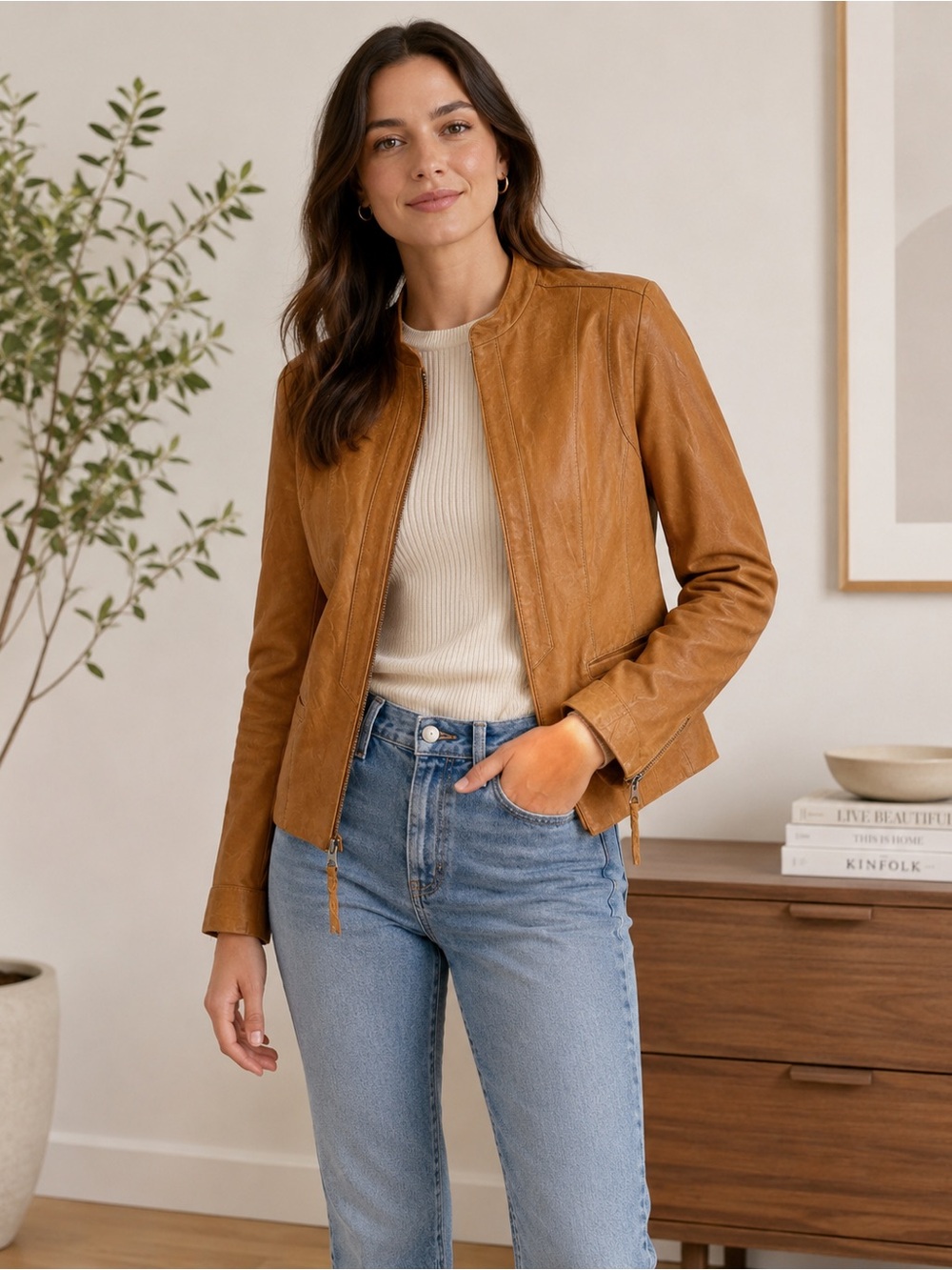 DANIER Women’s Cognac Italian Leather Fitted Moto Jacket Size Small